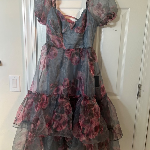 Lulus Ideally Lovely Slate Blue Floral Organza Lace-up Midi Dress - Size L - Picture 3 of 5